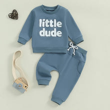 Load image into Gallery viewer, Baby Toddler Boys 2Pcs Little Dude Fall Outfit Long Sleeve Letter Embroidery Top + Pocket Pants Set
