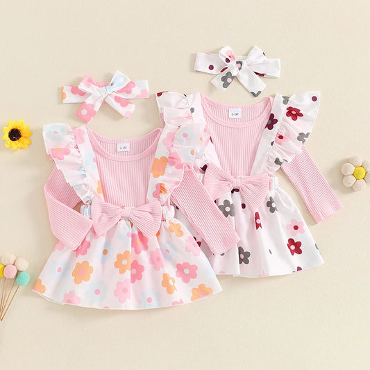 Baby Girls 3Pcs Fall Outfit Long Sleeve Ribbed Romper + Bow Suspender Flower Print Skirt + Headband Set