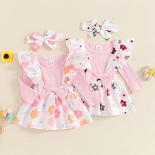 Load image into Gallery viewer, Baby Girls 3Pcs Fall Outfit Long Sleeve Ribbed Romper + Bow Suspender Flower Print Skirt + Headband Set
