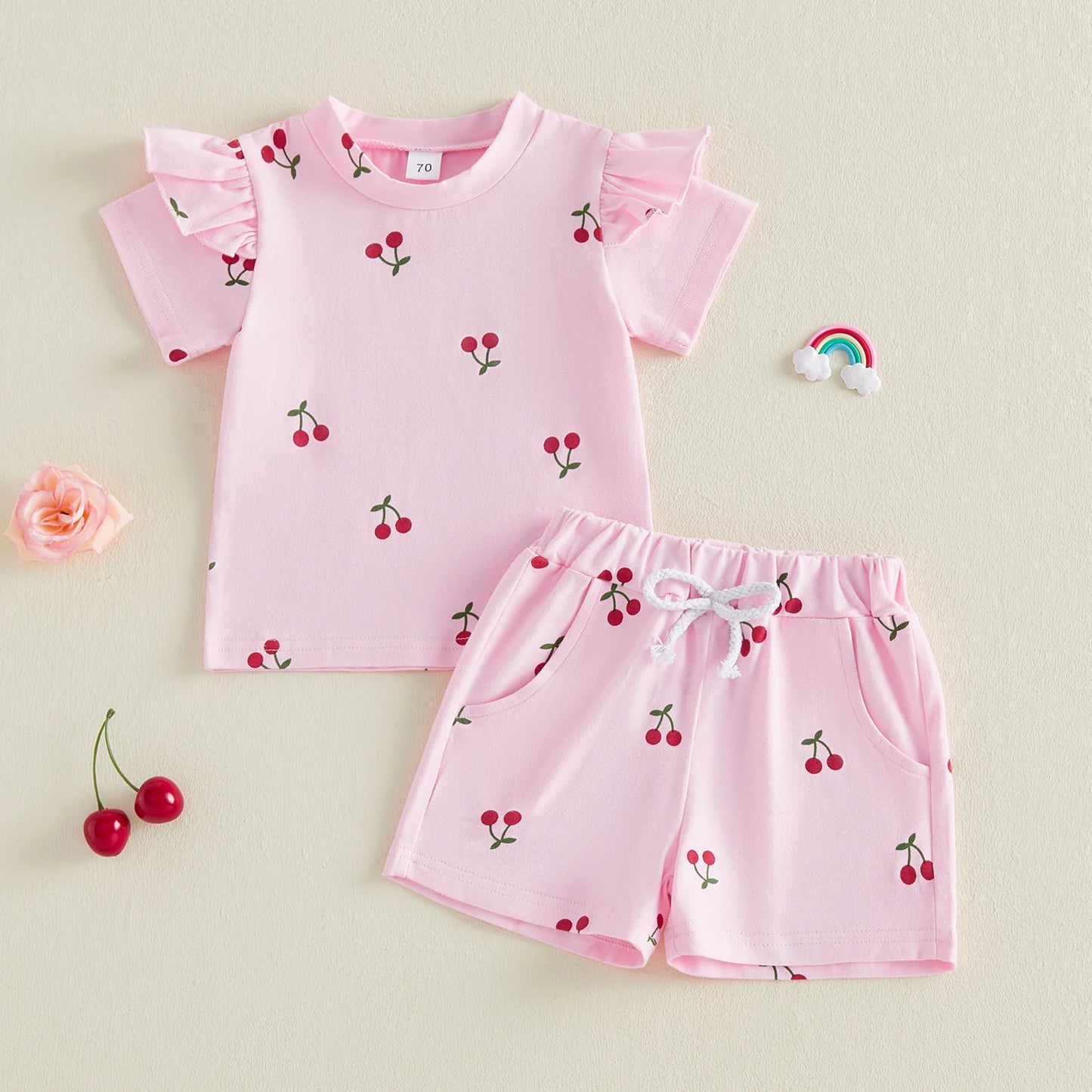 Baby Toddler Girls 2Pcs Summer Outfit Cherry Print Crew Neck Short Sleeve Top Elastic Waist Shorts Clothes Set
