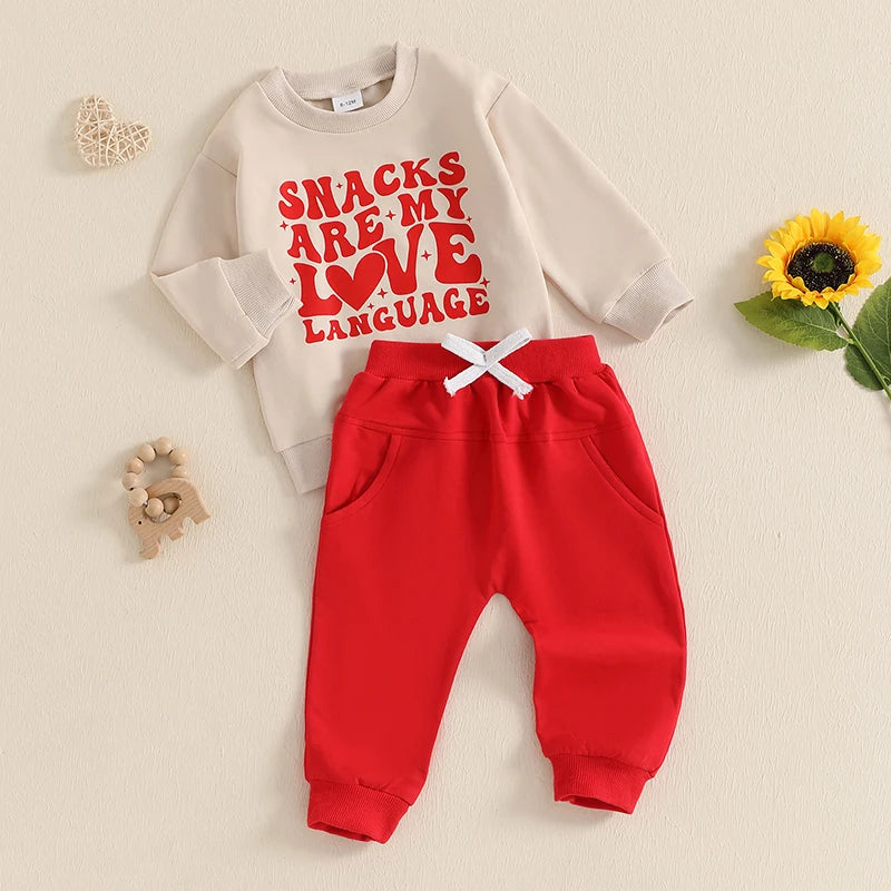 Baby Toddler Boys Girls 2Pcs Snacks Are My Love Language Valentine's Day Outfit Letter Print Long Sleeve Top and Elastic Pants Jogger Set Valentines