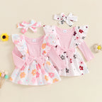 Baby Girls 3Pcs Fall Outfit Long Sleeve Ribbed Romper + Bow Suspender Flower Print Skirt + Headband Set