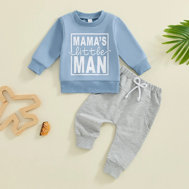 Baby Toddler Boys 2Pcs Fall Clothes Mama's Little Man Letter Print Long Sleeve Top and Elastic Pants Outfit Set