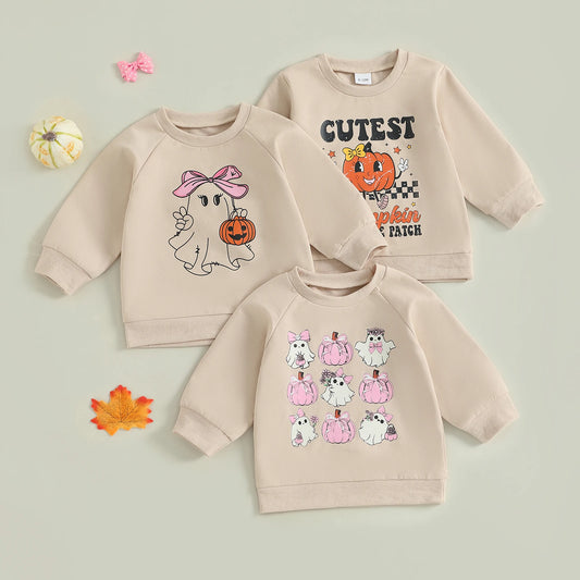 Baby Toddler Girls Boys Halloween Ghost Pumpkin Print Stylish Loose Fit Casual O-Neck Long Sleeve Pullover Top