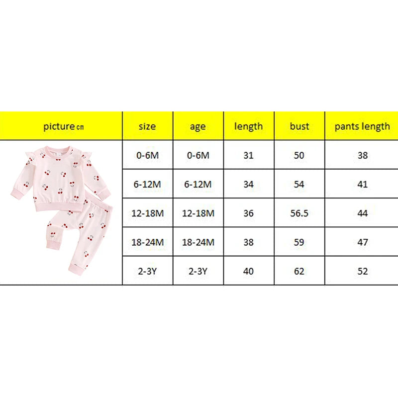 Baby Toddler Girls 2Pcs Fall Outfit Cherry Print Round Neck Long Sleeve Top Elastic Waist Pants Set