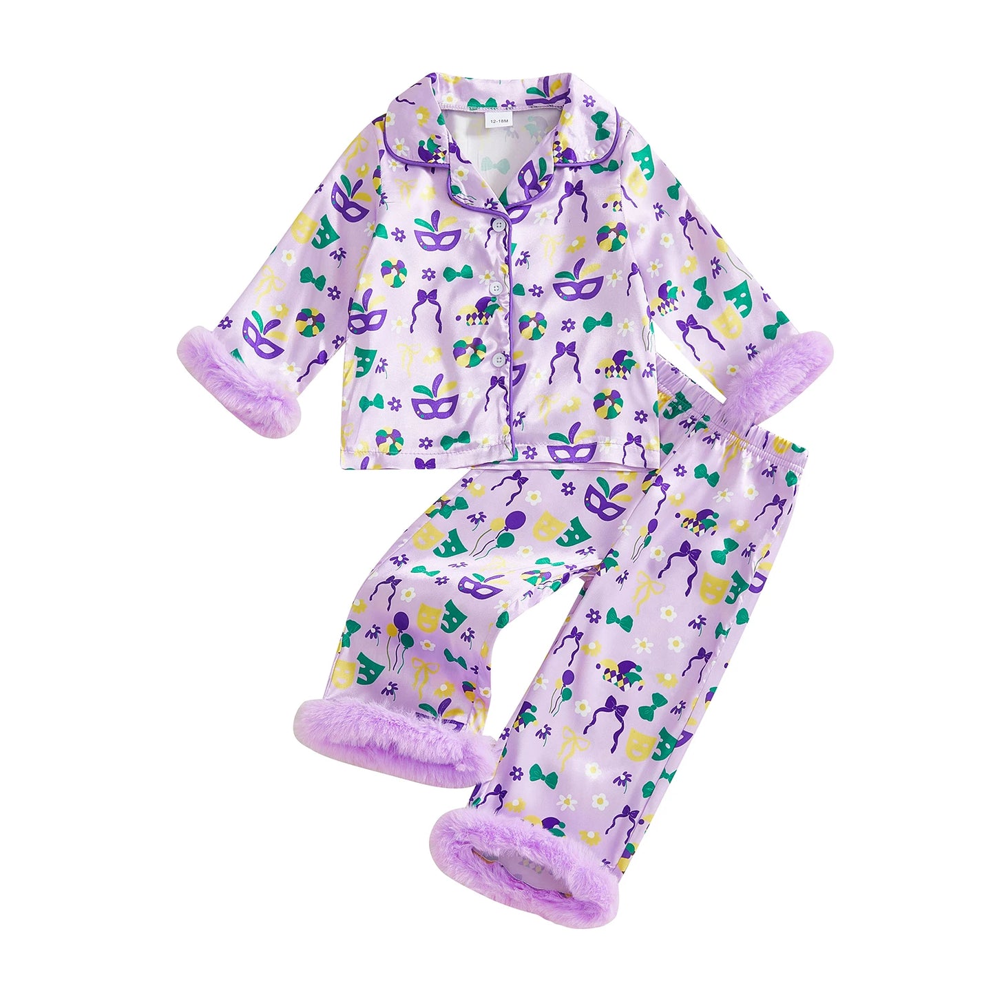 Toddler Kids Girls 2Pcs Mardi Gras Carnival Pajamas Set Long Sleeve Hat Bowtie Print Fur Cuffs Top and Pants Set Sleepwear