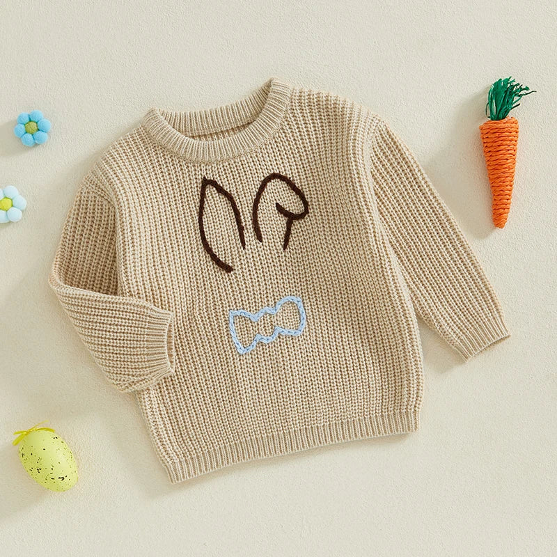 Baby Toddler Kids Girl Boy Children Bunny Rabbit Ears Flowers Bowtie Sweater Easter Clothes Long Sleeve Casual Knit Pullover Top