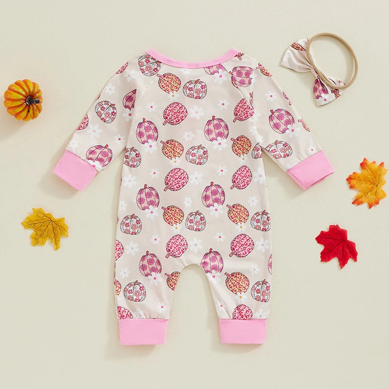 Baby Girls 2Pcs Halloween Bodysuit Pumpkin Daisy Print Zipper Long Sleeve Fall Romper Headband Outfit Set