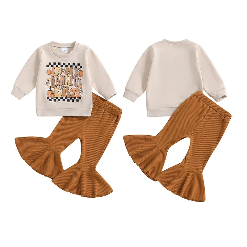 Baby Toddler Girls 2Pcs In My Thankful Era Thanksgiving Outfit Letter Print Fall Long Sleeve Top Ribbed Flare Pants Set