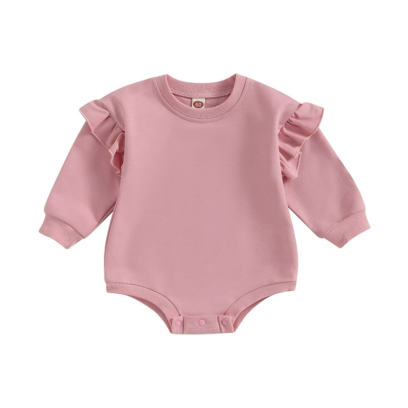 Baby Boy Girl Bodysuit Ruffle Long Sleeve Round Neck Solid Color Jumpsuit Romper