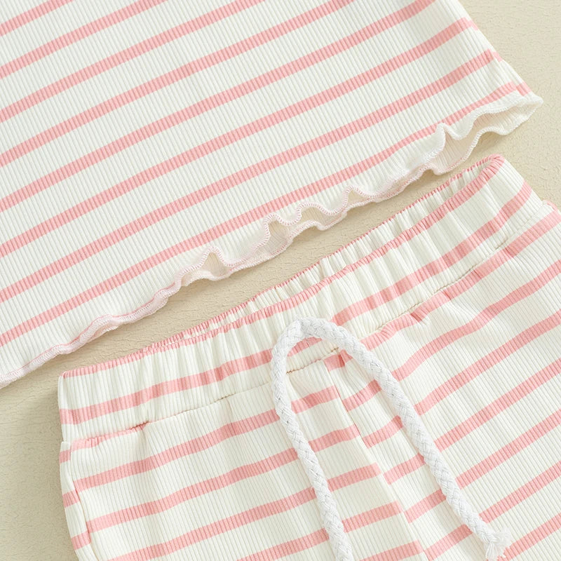 Toddler Baby Girl 2Pcs Summer Stripes Outfit Waffle Frilly Short Sleeve Top Shorts Set