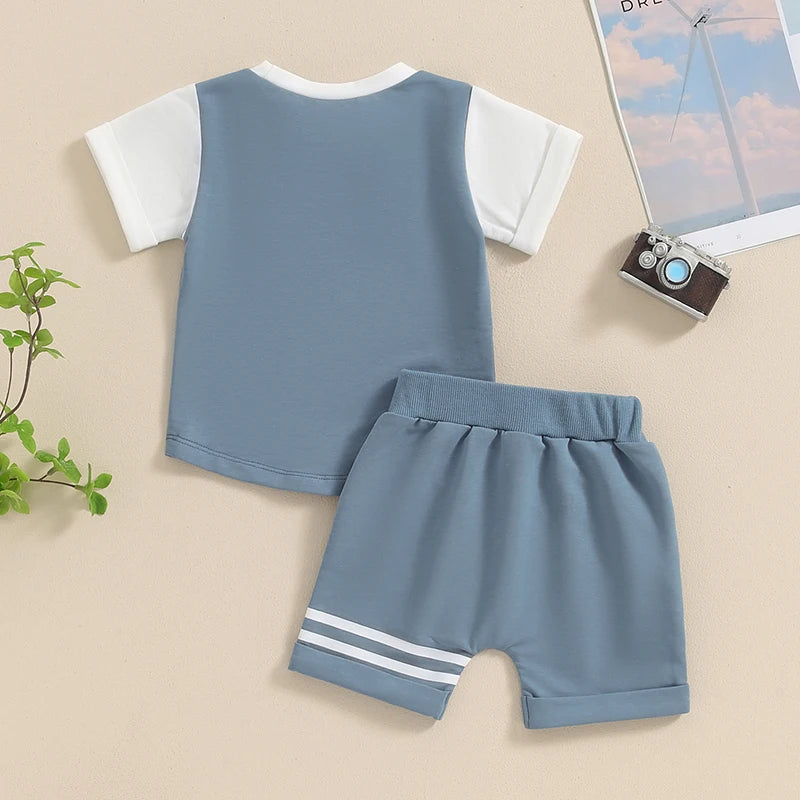 Toddler Baby Boys 2Pcs Short Sleeve Contrast Color Top and Drawstring Shorts Stripes Set Outfit