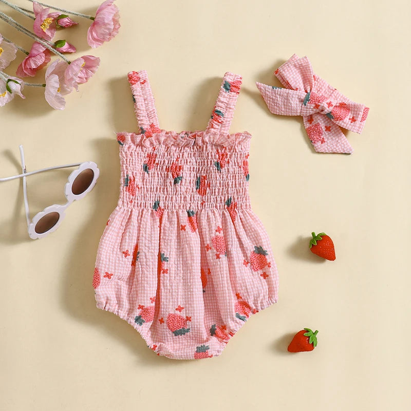 Baby Girl 2Pcs Summer Jumpsuit Strawberry Print Sleeveless Tank Top Romper and Headband Set Outfit