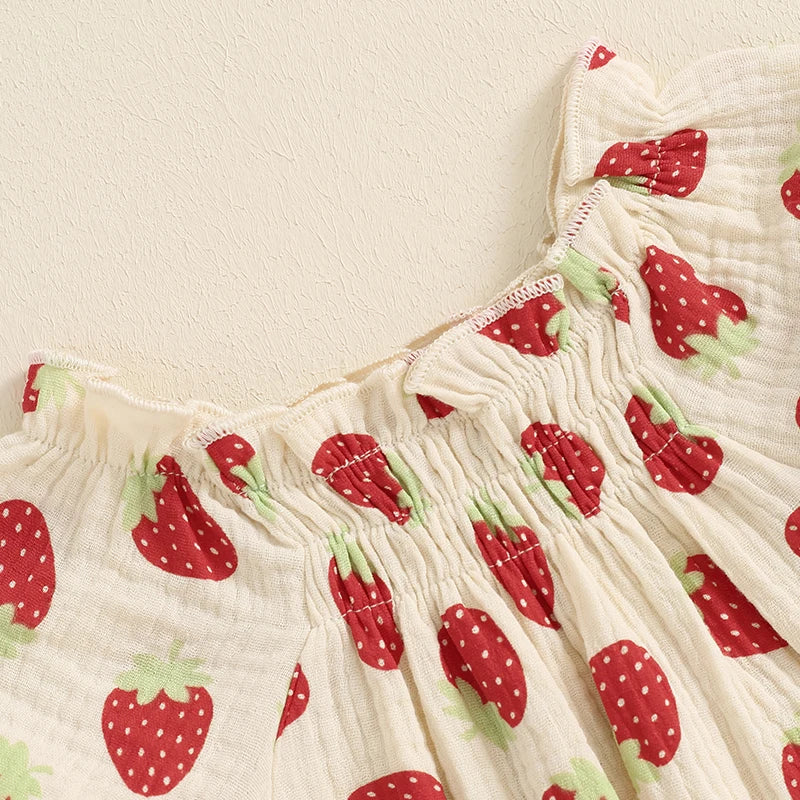 Baby Toddler Girls Strawberry Print Romper Square Neck Puff Sleeve Ruffled Summer Jumpsuit