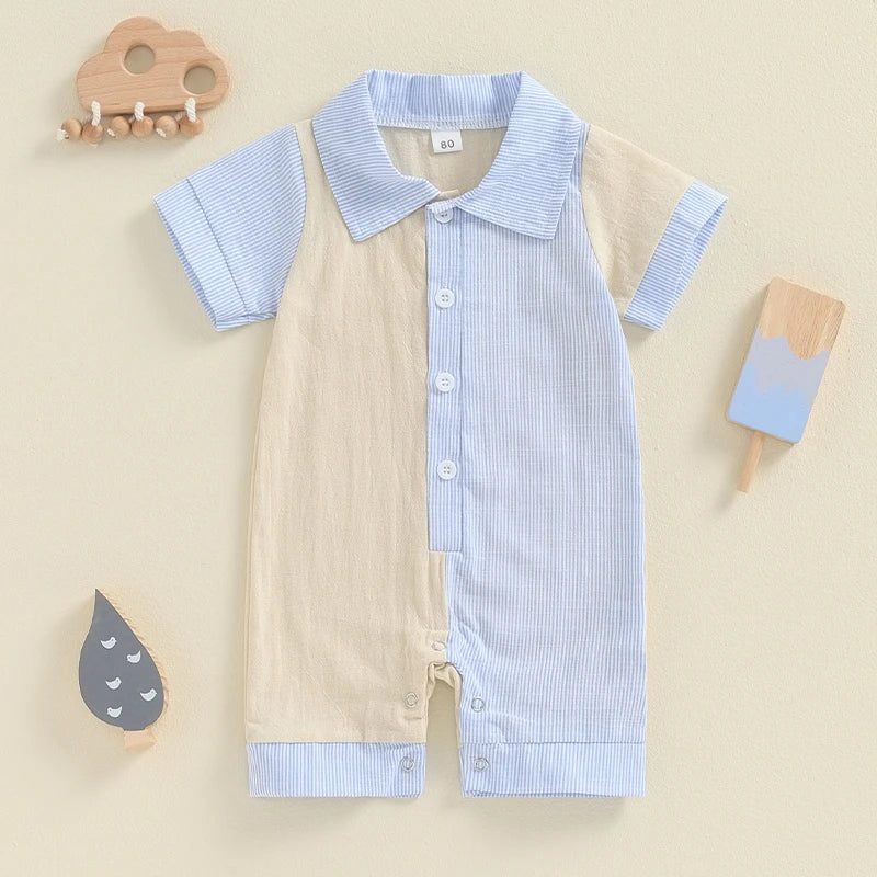 Baby Boy Jumpsuit Summer Short Sleeve Lapel Collar Stripes Contrast Color Print Romper Playsuit