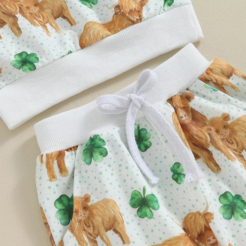 Toddler Baby Girl Boy 2Pcs St. Patrick's Day Outfits Long Sleeve Top Four Leaf Clover Shamrock Cow Print with Pants Set