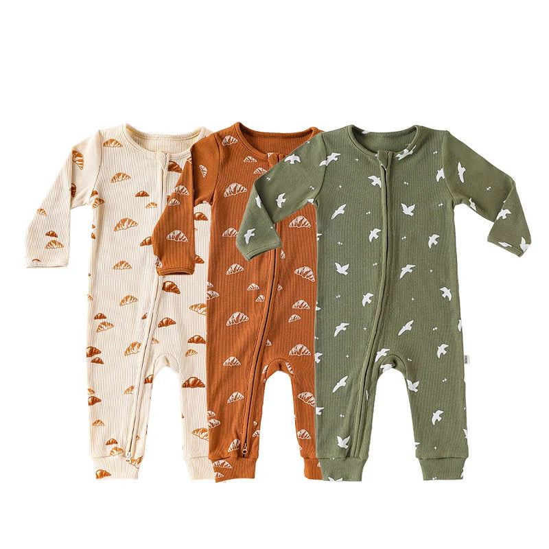Baby Boy Girl Autumn Winter Clothes Zipper Cotton Romper Croissant Print Long Sleeve Jumpsuit Cute Outfit