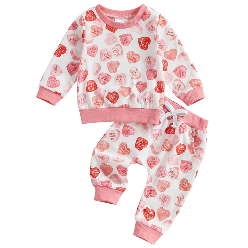 Baby Toddler Girls 2Pcs Valentine's Day Outfit Candy Heart Print Long Sleeve Crewneck Top Elastic Waist Long Pants with Pockets Jogger Set