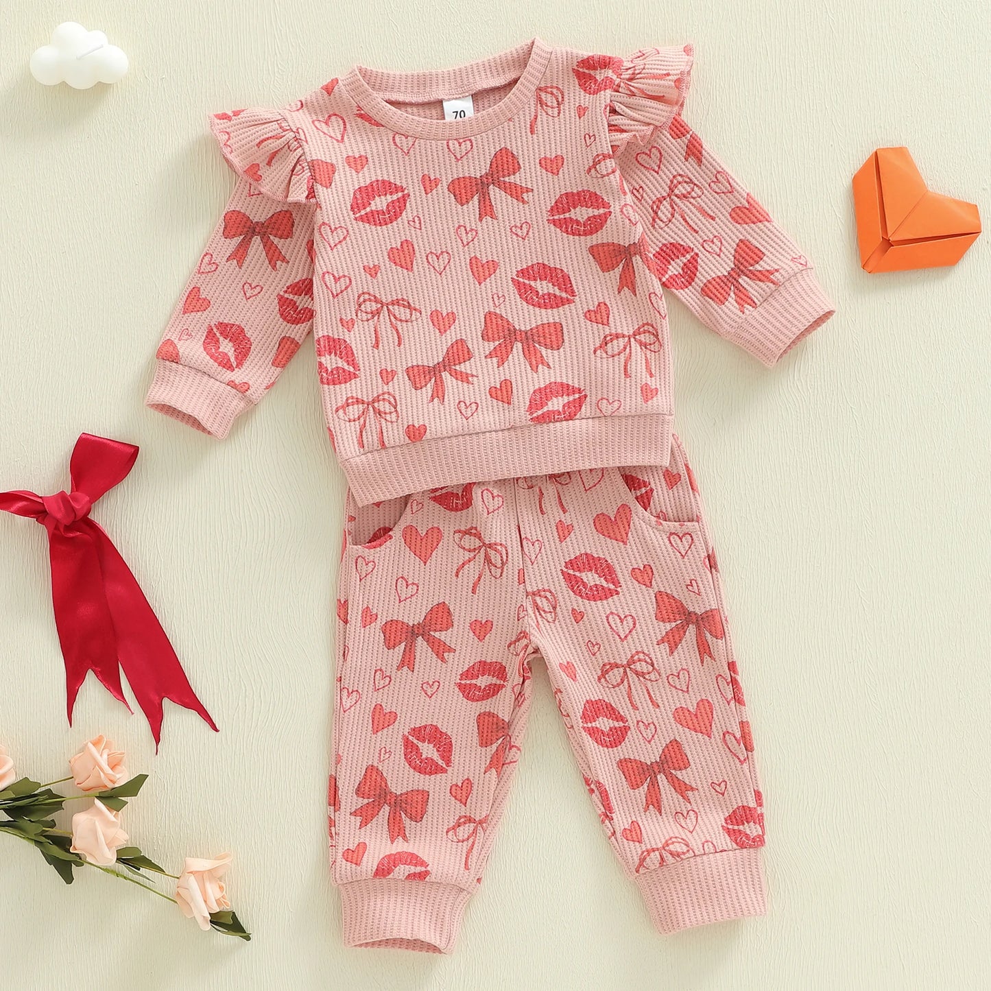 Baby Toddler Girls 2Pcs Valentine's Day Outfit Heart Bow Kiss Print Long Sleeve Crew Neck Top and Elastic Waist Pants Jogger Set