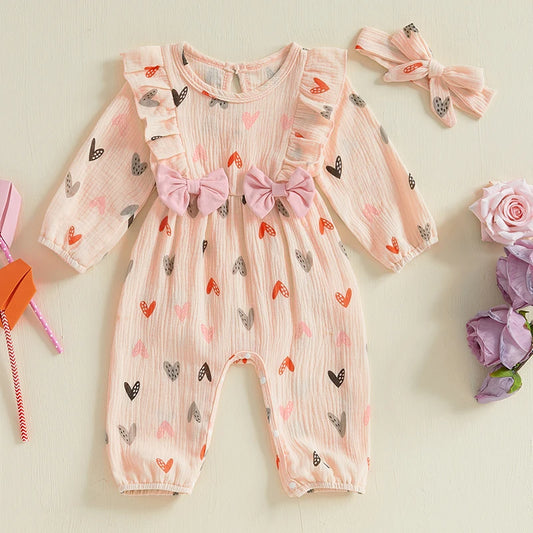 Baby Girls 2Pcs Valentine’s Day Outfit Long Sleeve Heart Print Ruffle Jumpsuit with Headband Set Valentines