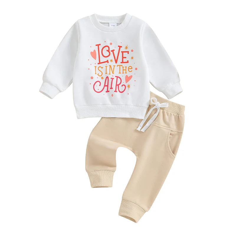 Baby Toddler Girls Boys 2Pcs Valentine's Day Clothes Set Long Sleeve O-Neck Letters Love Is In The Air Heart Print Top with Jogger Pants Outfit