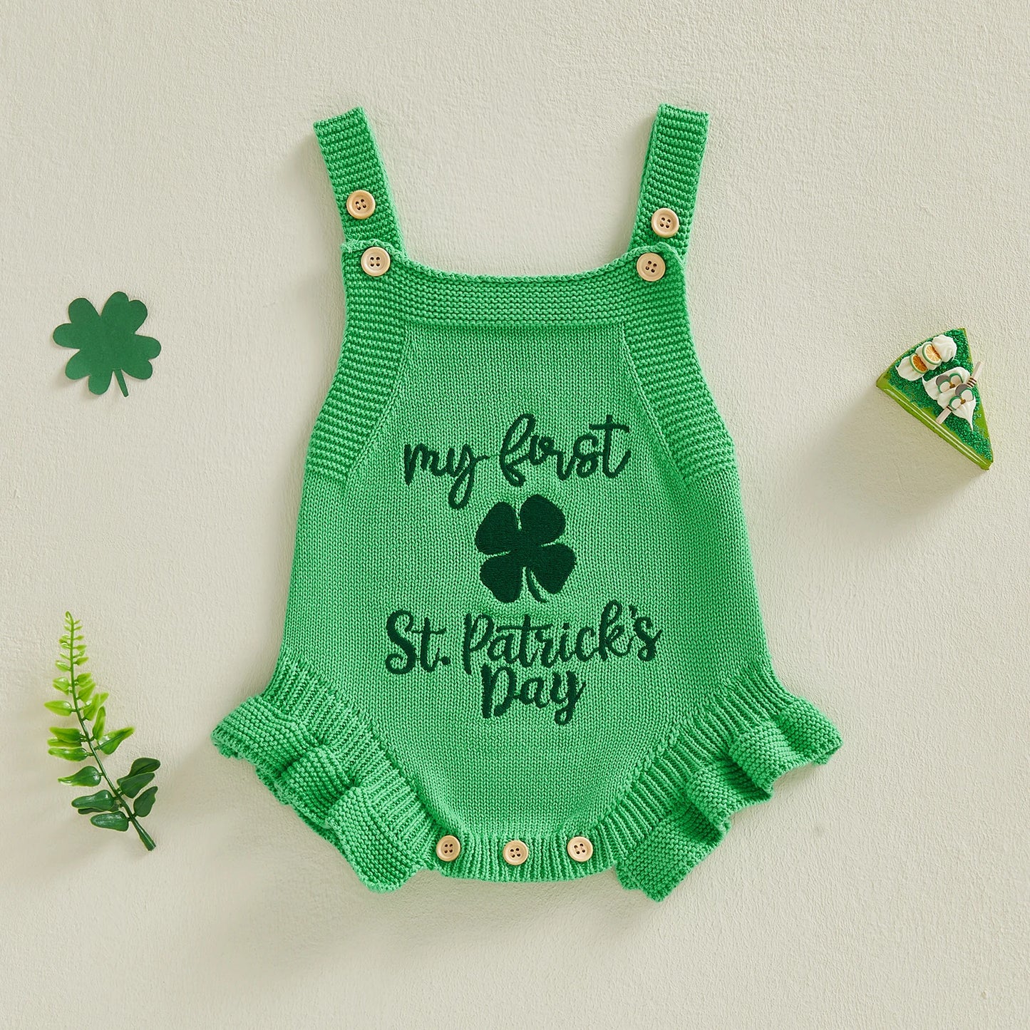 Baby Girls My First St. Patrick's Day Knit Jumpsuit Sleeveless Ruffle Trim Clover Letter Embroidery Overalls Romper