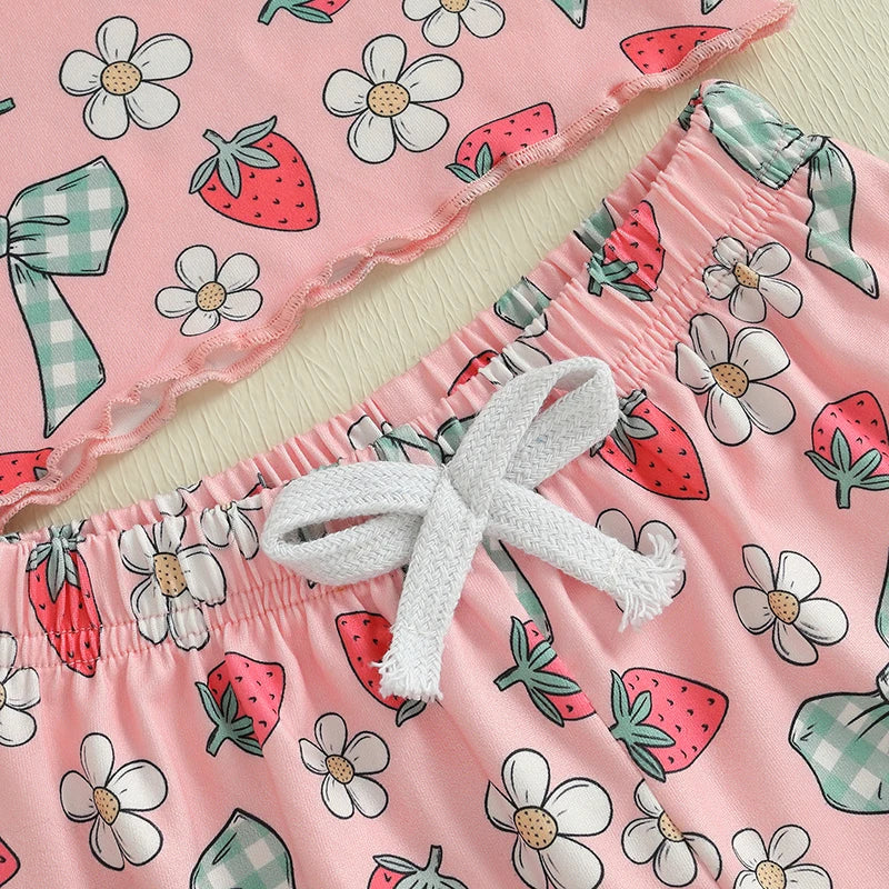 Baby Toddler Girls 2Pcs Summer Spring Outfit Short Sleeve Bow Strawberry Flower Floral Print Top + Shorts Set Clothes