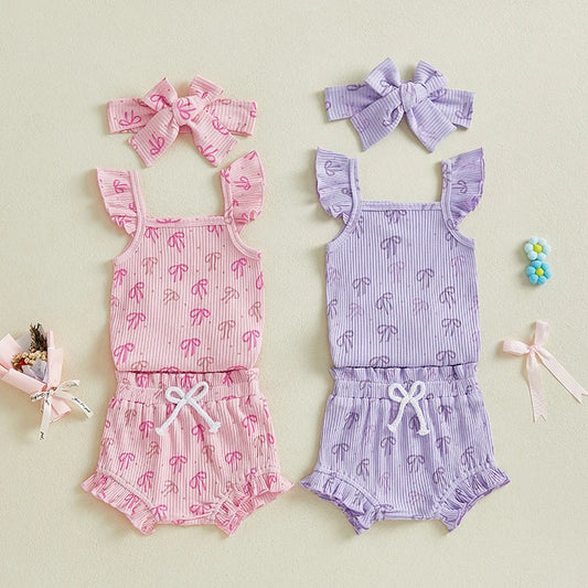 Baby Girls 3Pcs Summer Set Bow Print Fly Sleeve Romper Elastic Waist Ruffle Shorts Headband Outfit Clothes Spring