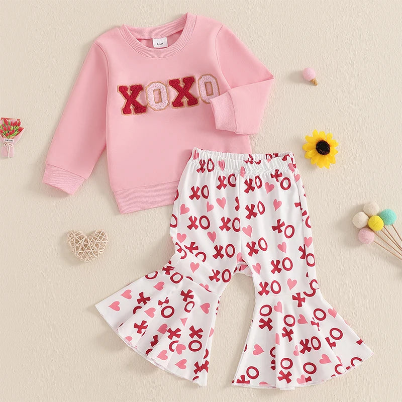 Baby Toddler Girls 2Pcs XOXO Valentine's Day Outfit Letter Embroidery Long Sleeve Crewneck Top with Heart Pattern Flare Pants Valentines Set