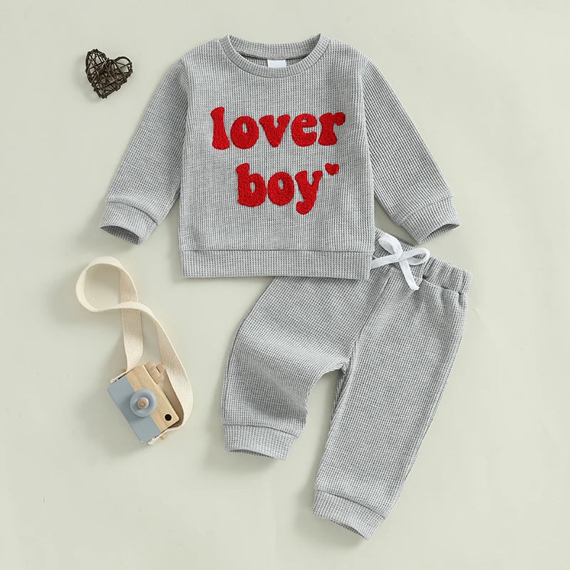 Baby Toddler Boys 2Pcs Lover Boy Valentine's Day Outfit Letter Embroidery Ribbed Long Sleeve Crew Neck Top with Drawstring Jogger Pants Valentines Set