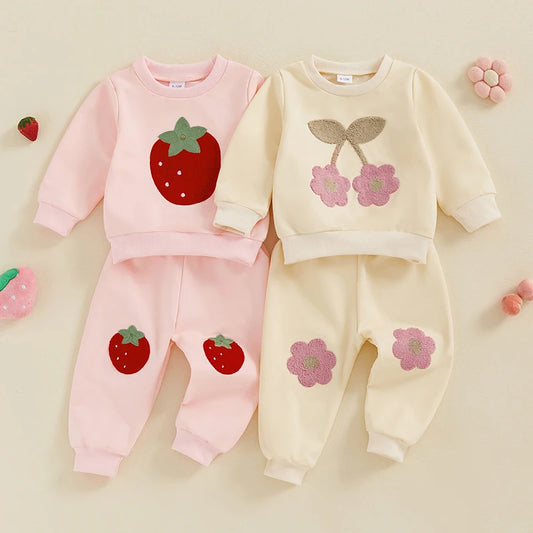 Baby Toddler Girls 2Pcs Jogger Set Long Sleeve Crew Neck Strawberry Print/Floral Flower Embroidery Top Pants Outfit