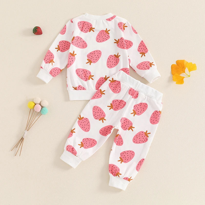 Baby Toddler Girls 2Pcs Fall Outfit Strawberry Print Long Sleeve Top and Elastic Pants Set