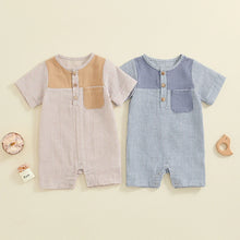 Load image into Gallery viewer, Baby Boys Button Romper Short Sleeve Stripe Print Jumpsuit Pocket Casual Clothes
