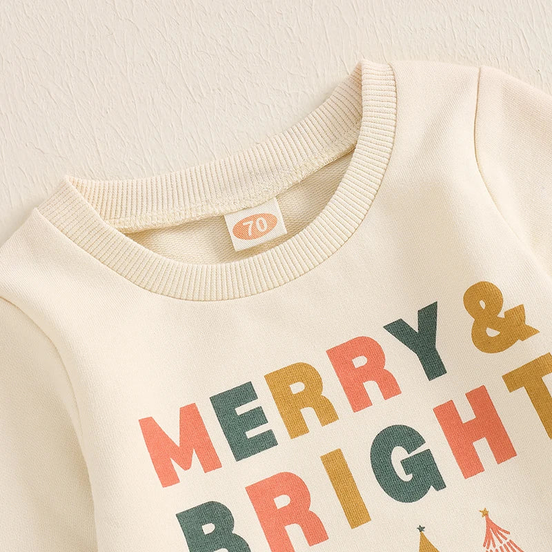 Baby Toddler Boys Girls 2Pcs Merry & Bright Christmas Outfit Letter Tree Print Crew Neck Long Sleeve Top Pants Set