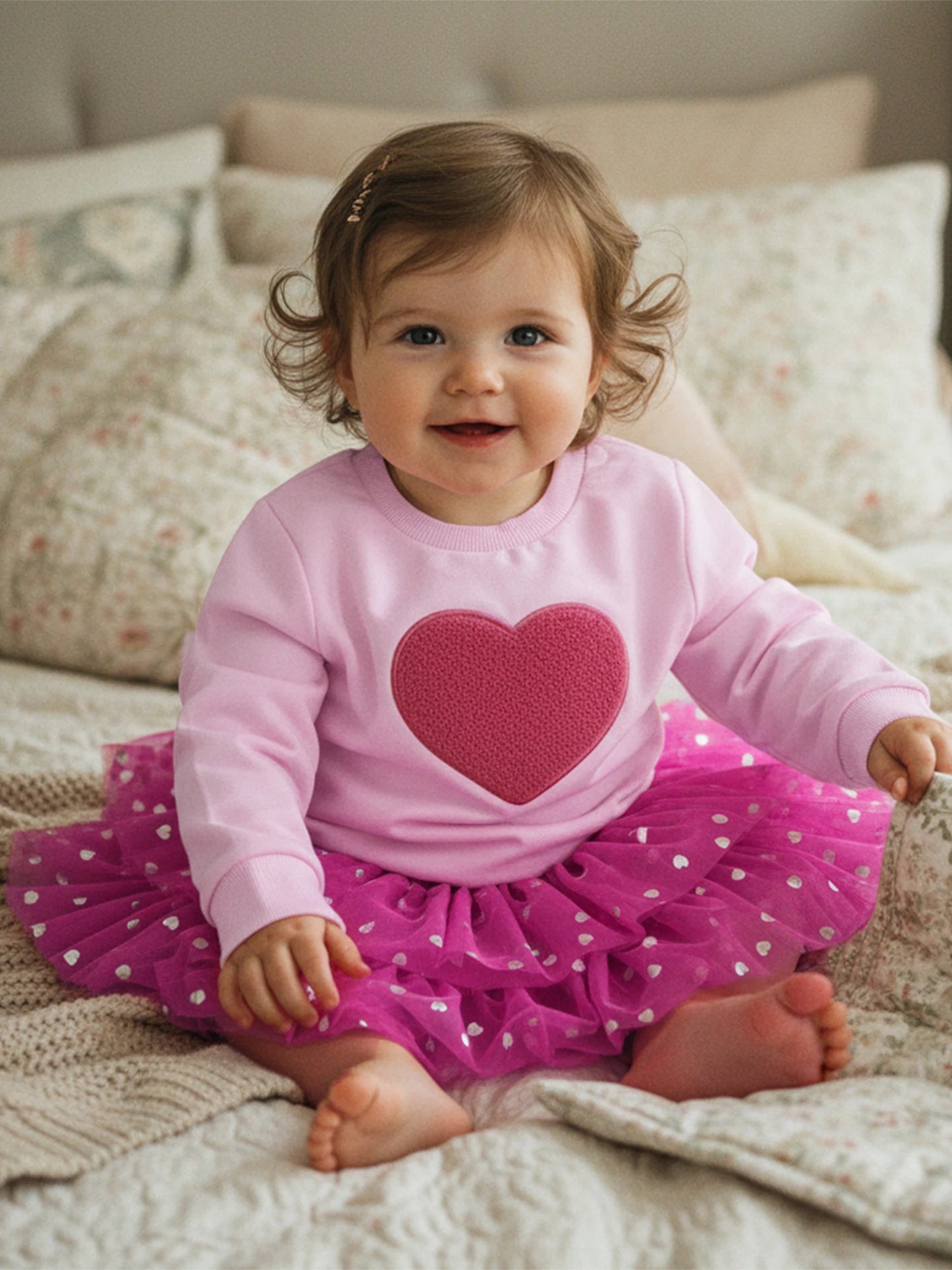 Baby Toddler Girls 2Pcs Outfit Long Sleeve Crew Neck Heart Embroidery Top and Tiered Tulle Skirt Set