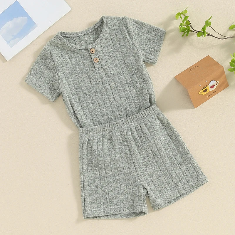 Baby Toddler Boy Girl 2Pcs Summer Clothes Plain Color Ribbed Knit Short Sleeve Button Top Elastic Waist Shorts Set Casual