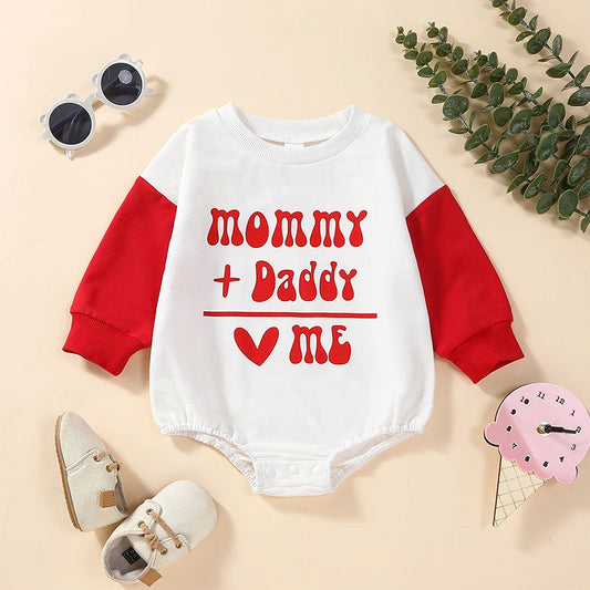 Baby Toddler Girls Boy Romper Valentine's Day Mommy + Daddy = Me Letter Heart Print Contrast Color Long Sleeve Jumpsuit