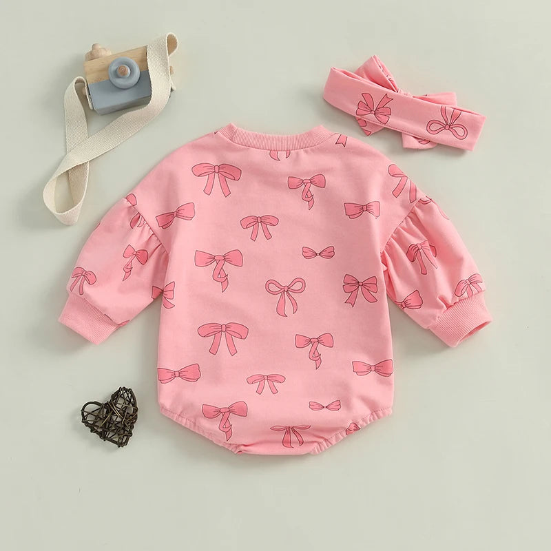 Baby Girl 2Pcs Fall Outfit Bow Print Crew Neck Long Sleeve Bubble Romper Tie-up Headband Set