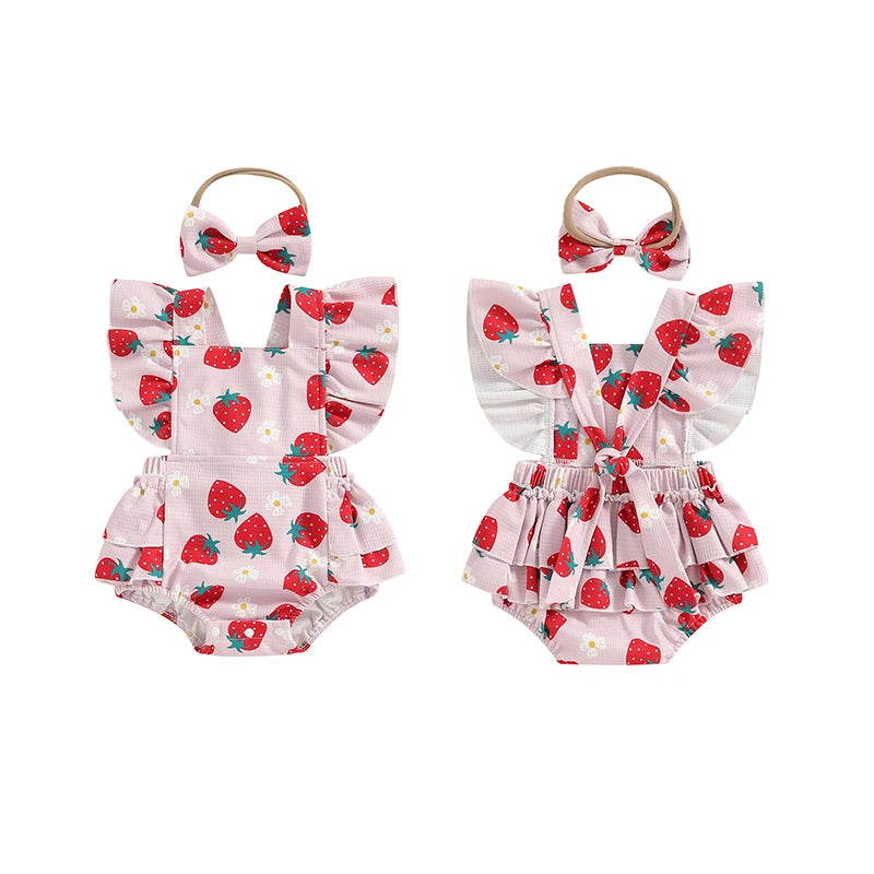 Baby Girl 2Pcs Outfit Flower Strawberry Butterfly Print Fly Sleeve Frilly Romper With Bow Hairband Set