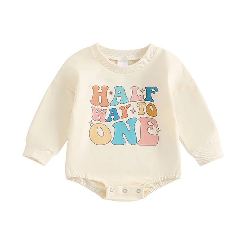 Baby Girls Boys Half Way To One Bubble Romper Half Birthday Clothes Letter Long Sleeve Fall Bodysuit