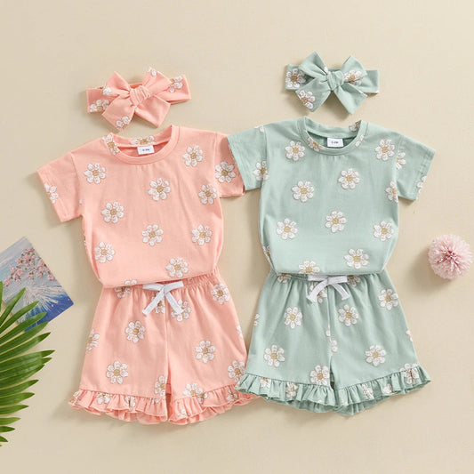 Baby Toddler Girl 3Pcs Summer Outfit Floral Flower Print Short Sleeve Top with Elastic Waist Ruffled Shorts Headband Set