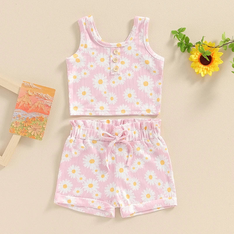 Baby Toddler Girls 2Pcs Daisy Flower Print Sleeveless Crew Neck Tank Top and Matching Shorts Summer Outfit Set