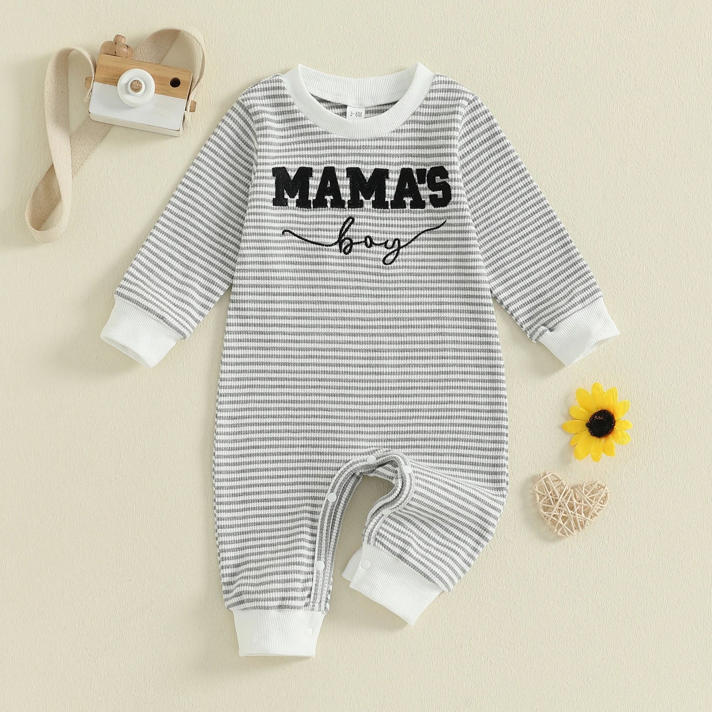 Baby Boys Mama's Boy Fall Romper Letter Embroidery Long Sleeve Round Neck Full Length Waffled Stripe Jumpsuit