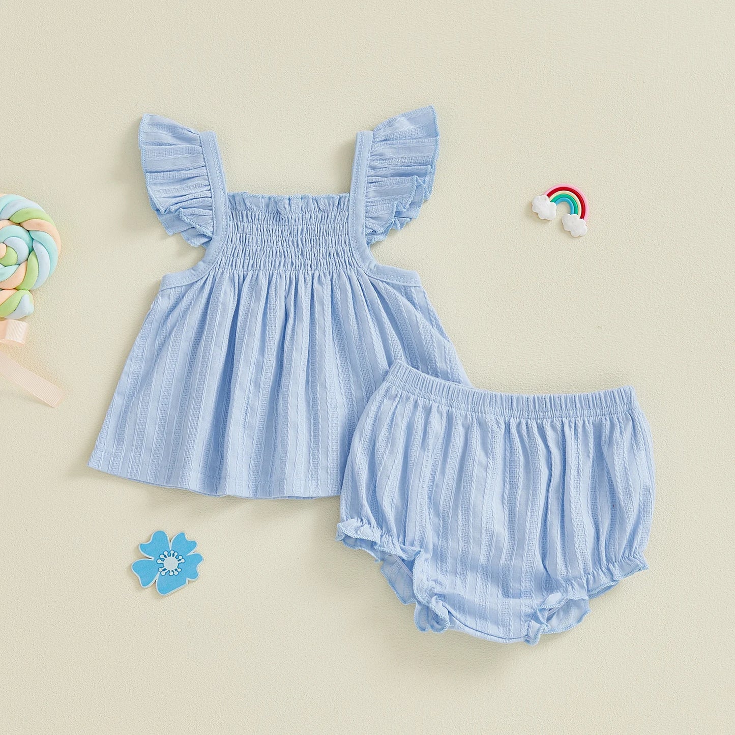 Baby Girls 2Pcs Spring Summer Outfit Flying Sleeve A-line Tops Ruffle Trim Shorts Set