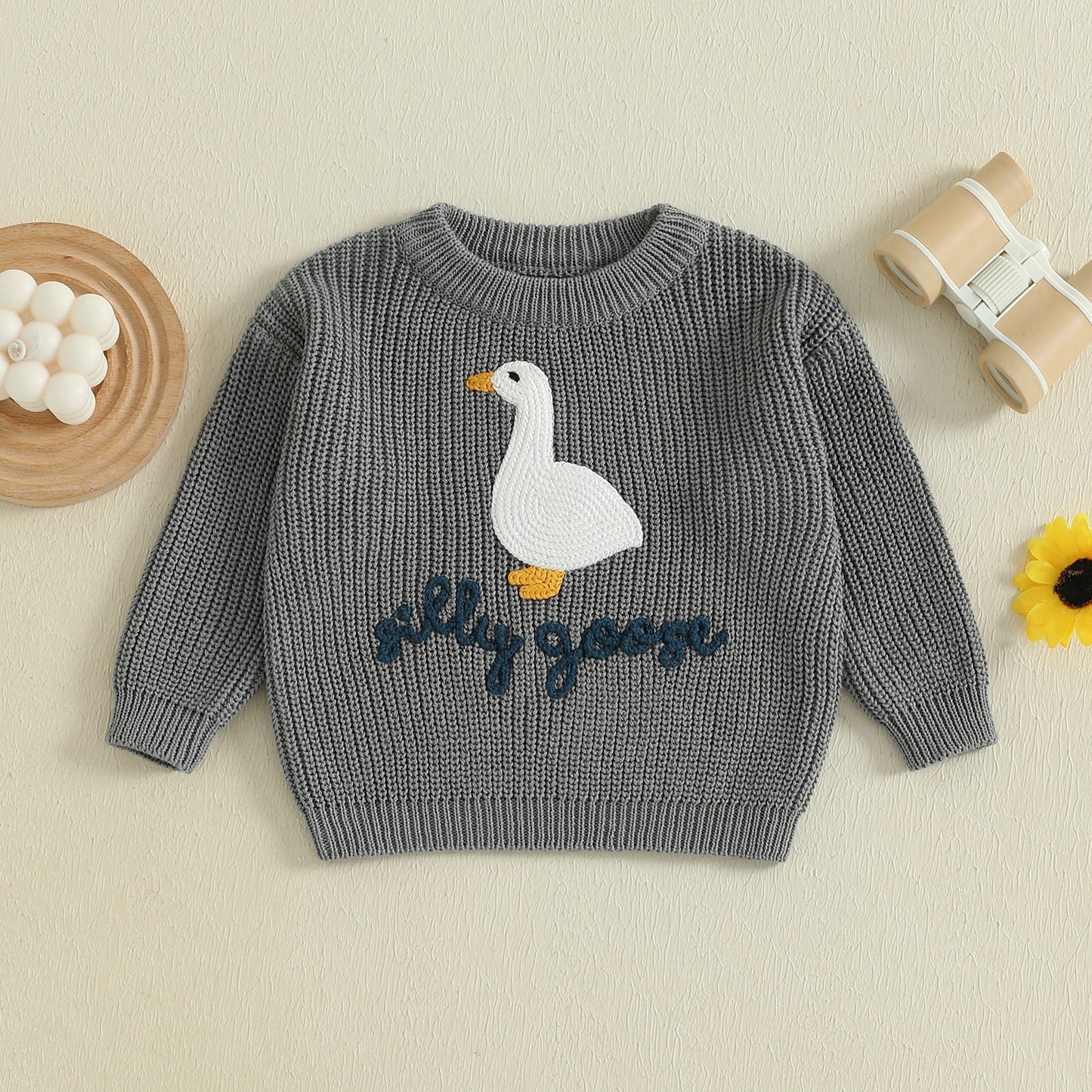 Baby Toddler Boys Girls Silly Goose Sweater Animal Letter Embroidered Crewneck Long Sleeve Pullover Knit Top