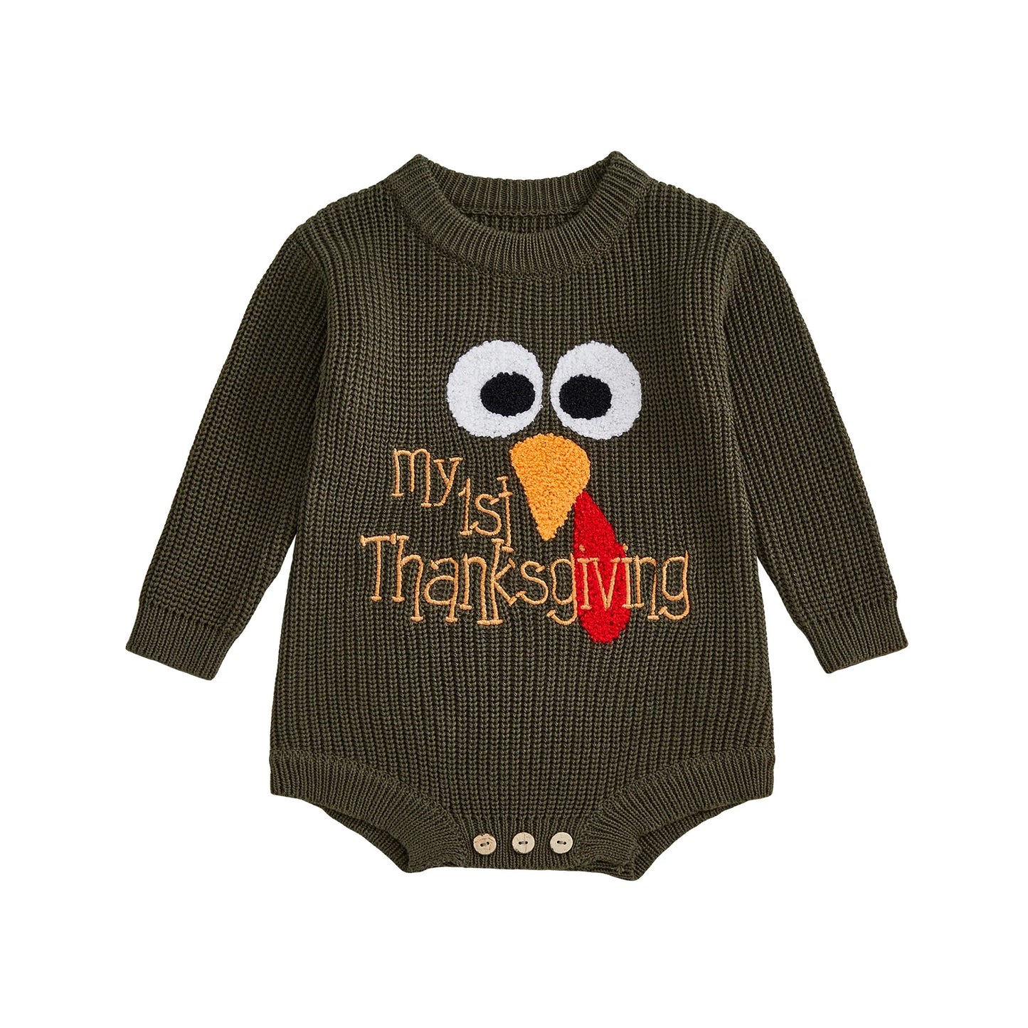 Baby Boys Girls My First Thanksgiving Romper Turkey Embroidery Long Sleeve Crew Neck Knit Bodysuit Romper