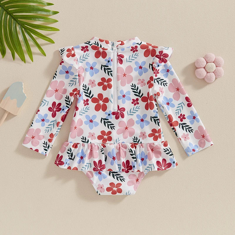 Baby Toddler Girls Swimsuit Long Sleeve Floral Flowers Print Skirted Bathing Suit Frill Shoulders Swimwear Bathing Suit