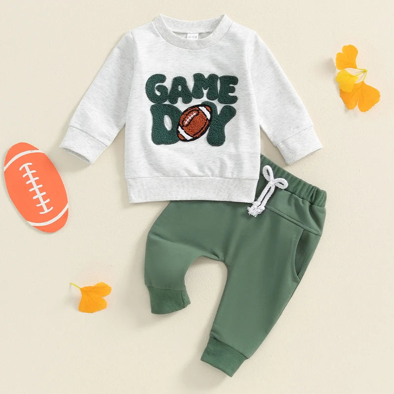 Baby Toddler Boys 2Pcs Game Day Set Long Sleeve Embroidery Letters Football Top Elastic Waist Pants Clothes Outfit