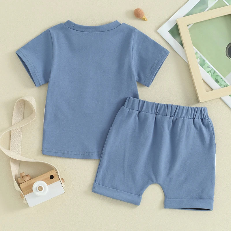 Baby Toddler Boys 2Pcs Shorts Set Contrast Color Short Sleeve Top Pocket with Elastic Waist Shorts Set Summer Spring Outfit