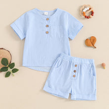 Load image into Gallery viewer, Baby Toddler Boys 2Pcs Single Breasted Round Neck Button Top Solid Color Shorts Casual Outfit Set
